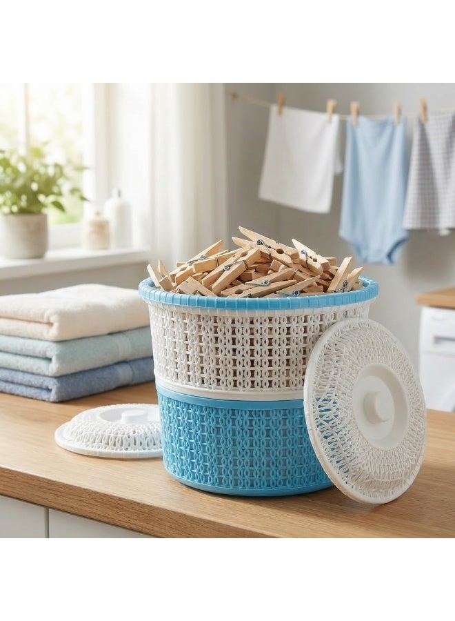 Round Plastic Clothespin & Storage Basket with Lid - Woven Design Multipurpose Organizer Bin for Laundry Accessories - Blue & White - Image 3